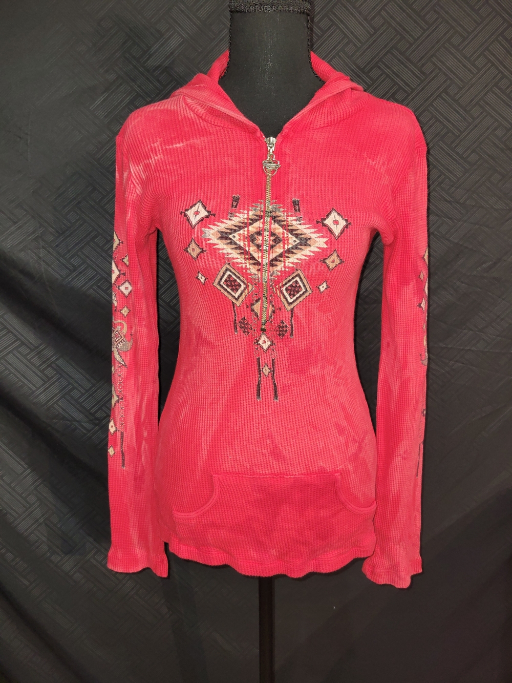 Sledge Y2K USA Womens Waffle Hooded Half Zip Long Sleeve Pullover Red Small